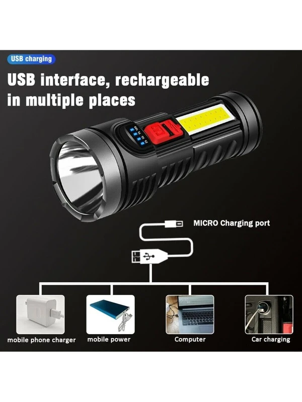 Rechargeable LED Flashlight, USB Camping Flashlights With COB Flash Light, 4 Models, IP44 Waterproof, LED Flashlight 300 Lumen Bright For Indoor Reading & Outdoor Camping Black