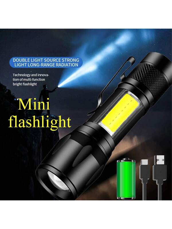 1pc Mini Rechargeable Led Flashlight With Cob+xpe, Portable Camping Light, Focusable & Clip-on Design White