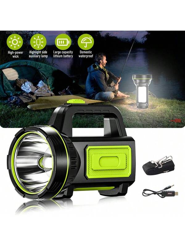 Rechargeable LED Camping Lantern Flashlight, Portable Searchlight Flashlight For Emergency, Hiking, 2 Light Modes Black