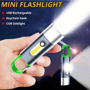 1pc Mini Rechargeable LED Flashlight With COB Side Lights Hook Design Keychain Light Built In 400 MA Battery, 4 Modes Home Torch Outdoor Camping Fishing Cycling Activity Emergency Lantern Green