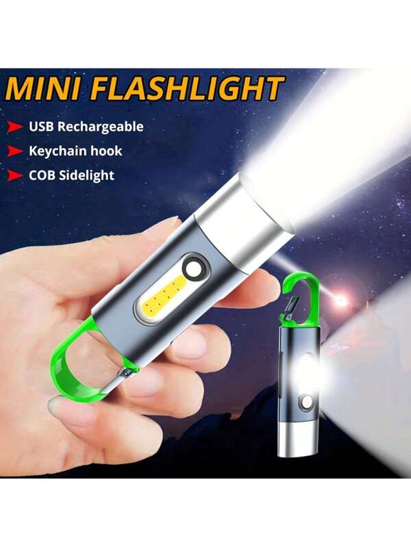 1pc Mini Rechargeable LED Flashlight With COB Side Lights Hook Design Keychain Light Built In 400 MA Battery, 4 Modes Home Torch Outdoor Camping Fishing Cycling Activity Emergency Lantern Green