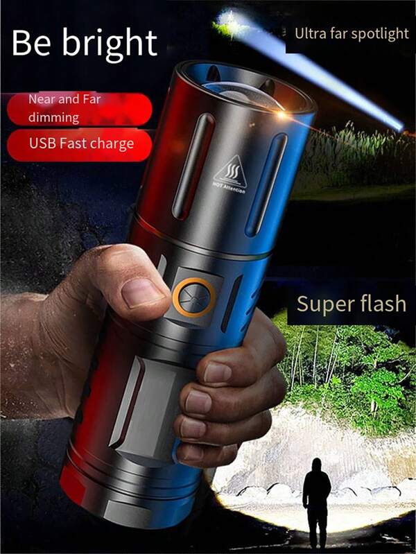 jihuo 1pc High Lumens Rechargeable Flashlight, 10000 Lumens Ultra-bright Led Torch, White Laser Focus For Long Range Of 1500m, 5 Modes Of Flashing Lights, Ipx5 Waterproof, Portable Strong Light Handheld Flashlight, Suitable For Camping And Emergency Situations. Strong Illumination Rechargeable Waterproof Extremely Long Endurance Special Lighting Household Laser Remote Black