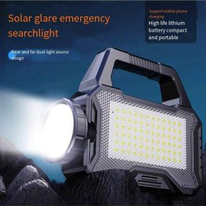 High Power Cob Solar Flashlight Portable Handheld Torch With Rechargeable Battery & Power Bank Function, Long Endurance Black