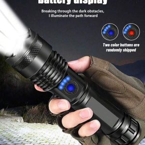 1pc Strong Light ABS Flashlight,Rechargeable Portable Usb Charging And Power Display Life Waterproof Long Distance Flashlight For Camping, Running, Fishing, Hiking, Reading, Outdoor Sports Black