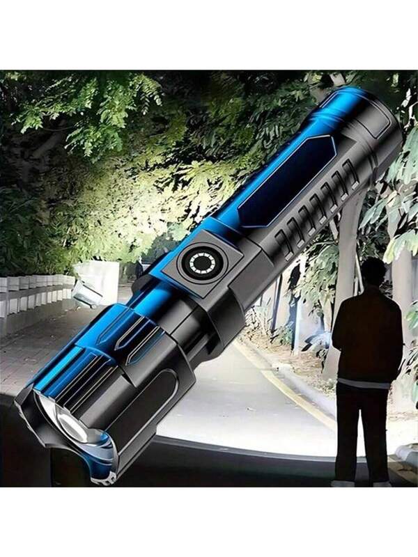 1PC Super Bright Flashlight, USB Charging Retractable Wide Beam Handheld Emergency Lighting Torch, For Outdoor, Exploring, Work Lighting Black