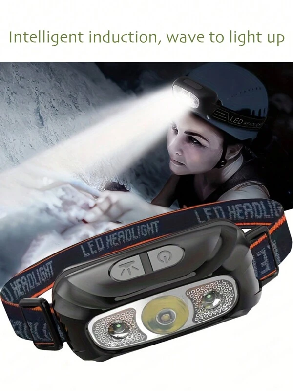 1pc Mini Rechargeable Inductive Headlamp Portable Powerful 5w Led Headlight Built-In Battery Waterproof Head Torch Head Lamp For Fishing Camping Hiking Black