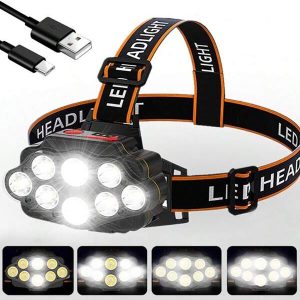 Ankriyul 8 LEDs Headlamp, Waterproof Headlight, Rechargeable Head Light For Outdoor Camping, Hiking, Fishing, Running Etc Black