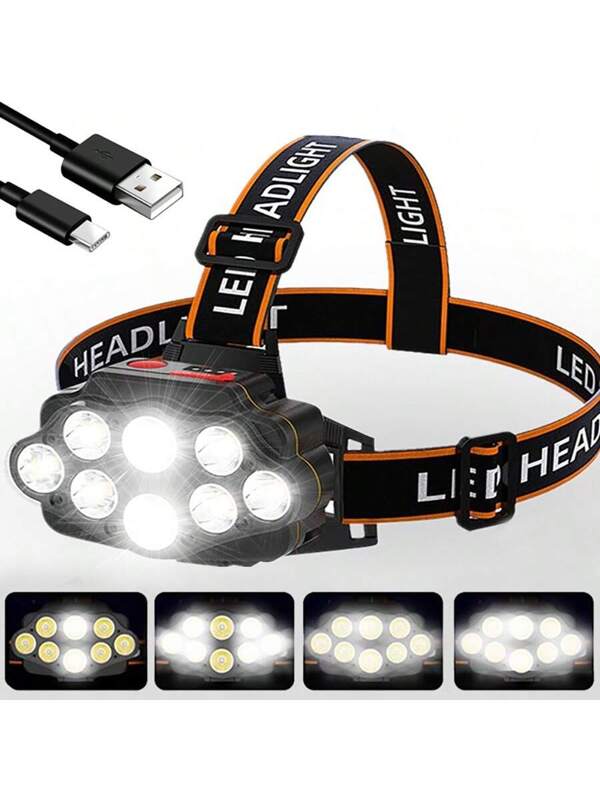 Ankriyul 8 LEDs Headlamp, Waterproof Headlight, Rechargeable Head Light For Outdoor Camping, Hiking, Fishing, Running Etc Black