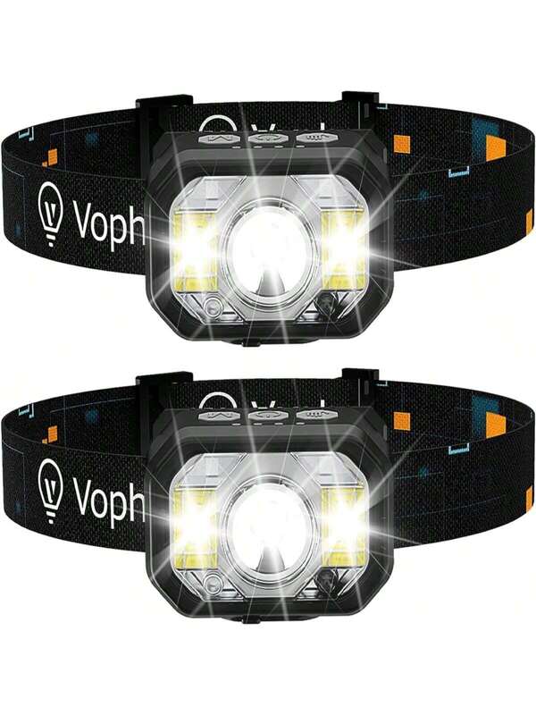 Head Lamp 2 Pack, 1200 Lumens USB Type-C Motion Sensor Rechargeable Headlamp, 6 Modes Ultra-Light Headlamp With Red Light, Waterproof Led Headlamp For Hiking Camping Fishing Running Hunting Black