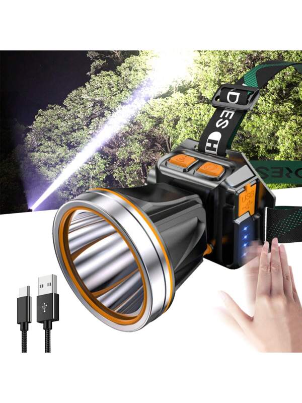 High Power LED Headlamp Super Bright Adult Motion Sensor Headlight Spotlight Rechargeable Outdoor Hunting Light Flashlight Portable Head Lamp For Fishing Camping Hiking Black