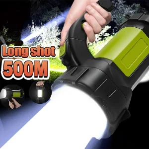 Powerful 500M Portable Camping Light Rechargeable LED Flashlight Waterproof Spotlight High Power Emergency Outdoor Fishing Light Hiking Light Green