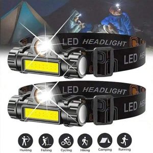 1/2pcs Rechargeable Headlamp, Lightweight Waterproof Wide Headband LED Torch, Front Lamp For Work, Camping, Fishing, Running, Hiking Black