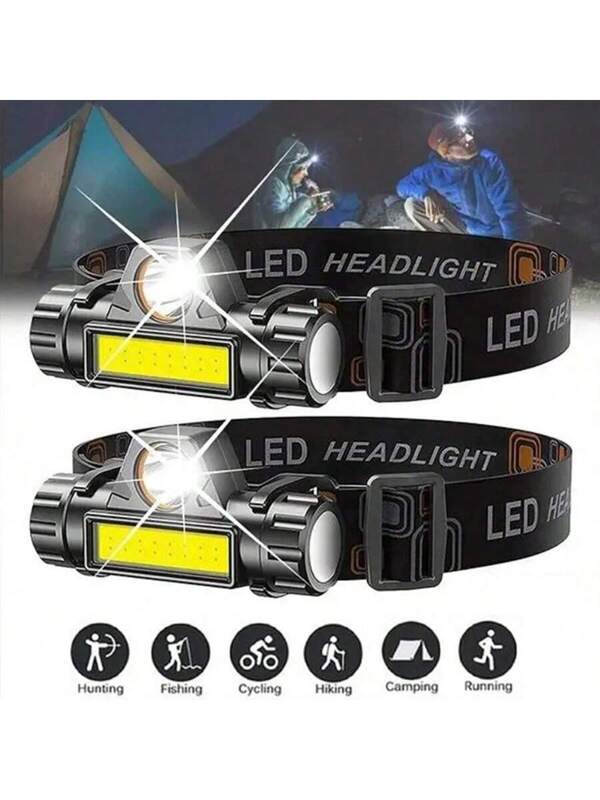 1/2pcs Rechargeable Headlamp, Lightweight Waterproof Wide Headband LED Torch, Front Lamp For Work, Camping, Fishing, Running, Hiking Black