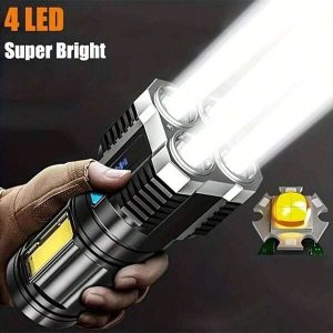 1pc 4-Core Super Bright Rechargeable Flashlight, Outdoor Multifunctional LED Spotlight With Battery Indicator And COB Light, Outdoor Illumination Flashlight White