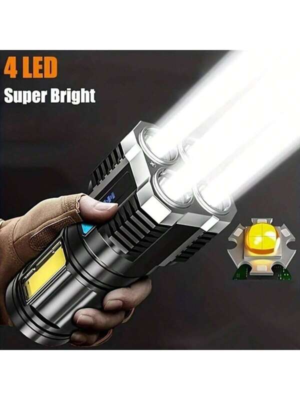 1pc 4-Core Super Bright Rechargeable Flashlight, Outdoor Multifunctional LED Spotlight With Battery Indicator And COB Light, Outdoor Illumination Flashlight White