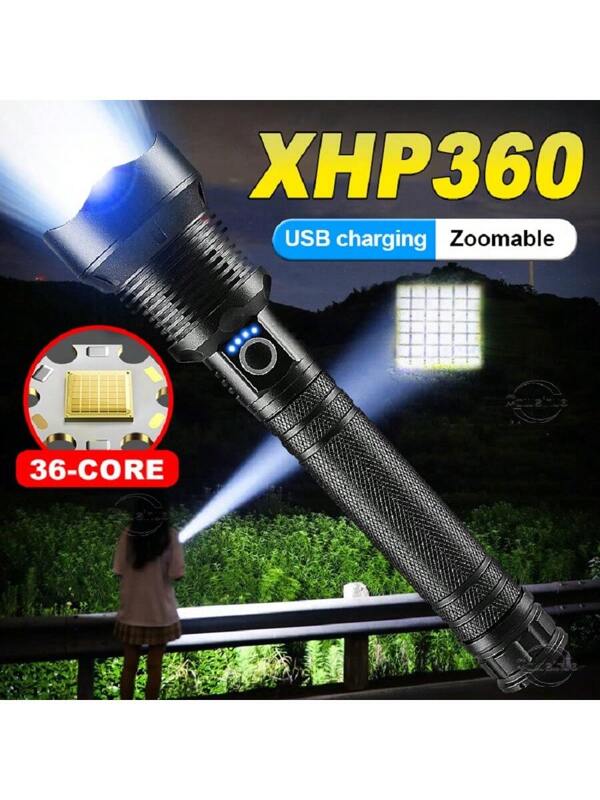 Newest XHP360 LED High-Power Flashlight 18650/26650 Rechargeable Flashlight Concentrated Telescopic Flashlight For Outdoor Sports Camping And Hunting Black