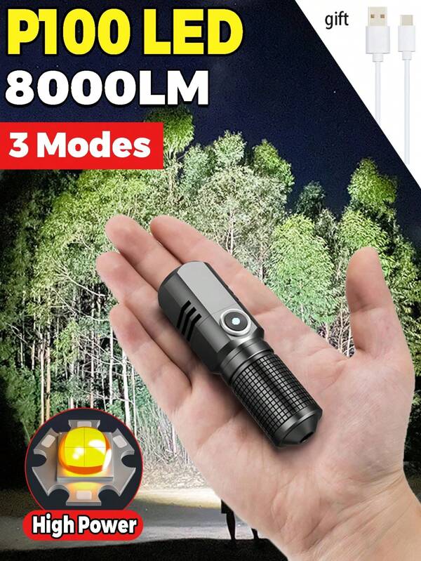 3/4/5PCS Super Bright P100 Flashlight, Rechargeable Mini Flashlight, 8000lm Powerful Variable Zoom Flashlight, 3 Lighting Modes, Type-C Rechargeable, Expandable Zoom, High-Density Aluminum Alloy Material, Outdoor Waterproof And Drop Proof, Very Suitable For Outdoor Exploration, Fishing, Camping, Hunting, Hiking And Emergency Use 3PCS-White light