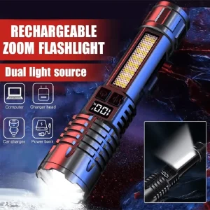 Super Powerful High Power LED Flashlight USB Rechargeable Waterproof Tactical Light Super Bright White Laser With High Brightness Side Light Built-In Battery Portable Camping Lantern Outdoor Flashlight Black