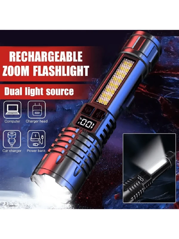 Super Powerful High Power LED Flashlight USB Rechargeable Waterproof Tactical Light Super Bright White Laser With High Brightness Side Light Built-In Battery Portable Camping Lantern Outdoor Flashlight Black