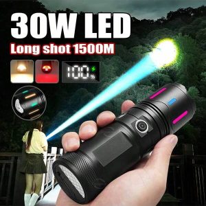 Super Bright White Laser LED Flashlight Super Bright Retractable Zoom Rechargeable Flashlight With Fluorescent Absorbing Film Luminous Color Flashlight For Camping Hiking Hiking Outdoor Built-In Battery Black