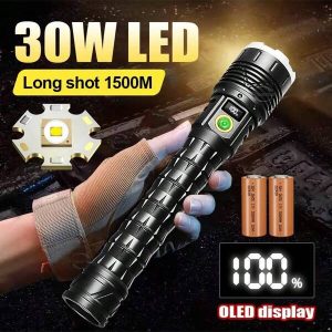 60W LED Handheld Flashlight, Rechargeable 6000mAh Lithium Battery, Stepless Dimming LED Flashlight With OLED Display, Multi-Component, Standard Battery-Powered Torch Black