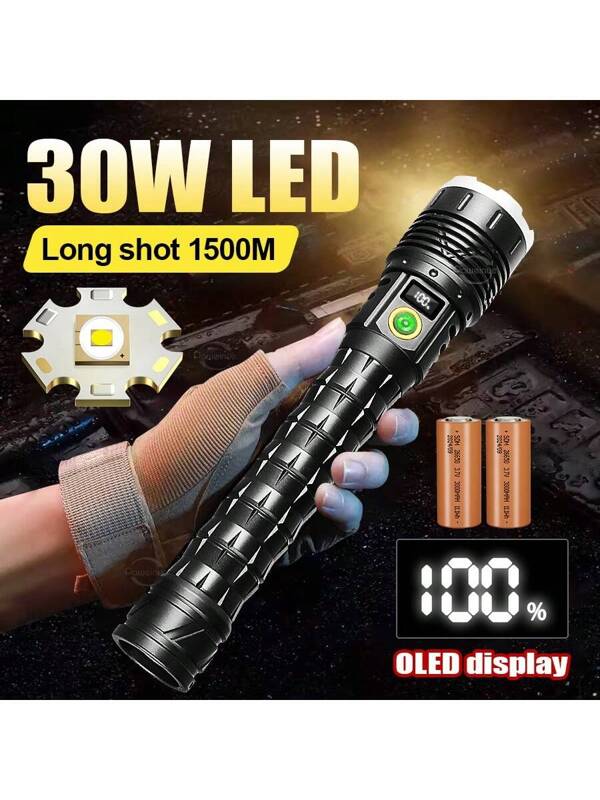 60W LED Handheld Flashlight, Rechargeable 6000mAh Lithium Battery, Stepless Dimming LED Flashlight With OLED Display, Multi-Component, Standard Battery-Powered Torch Black