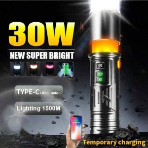 HngLngJoe (Best Seller) 1pc P50 Flashlight With Aluminum Alloy Lamp Head, Telescopic Zoom, 500m Long Distance Beam, 1200mAh High Capacity Battery, Type-C Charging, Side Light, Emergency Charging, Outdoor Lighting Black