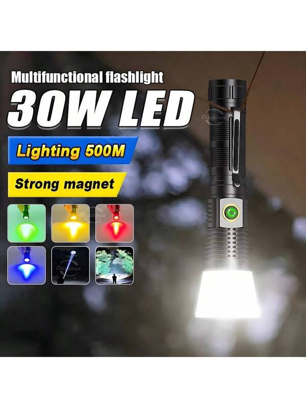 Ultra-Bright White Laser LED Zoom Flashlight 5-Color Light Source Portable Stepless Dimming Long-Life Tactical Flashlight Outdoor Long-Range Lighting Flashlight Night Travel Maintenance Adventure Large-Capacity Lighting Work Light Black