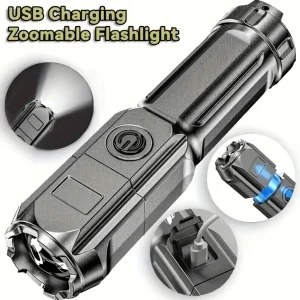 1pc Rechargeable Zoomable Flashlight, Small High Lumens Super Bright LED Flashlight, Powerful Handheld Flashlights, Portable Flashlight With 3 Modes & Zoomable For Outdoor Camping, Emergency Hurricane Indoor Home Use(Including Batteries) Black