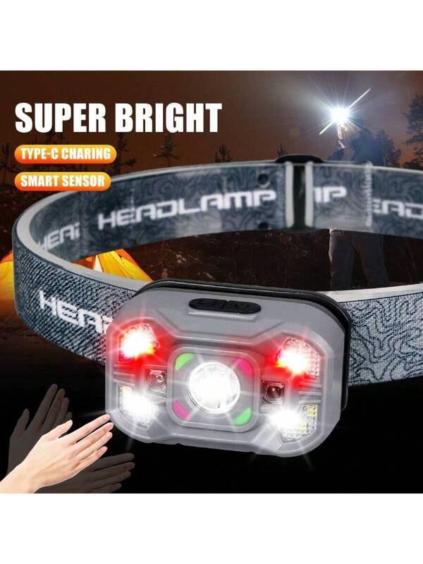 1PC Super Bright Sensor Light-Weight Headlamp Multi-Modes Rechargeable Head Flashlight Headlight LED Head Torch For Camping Fishing Searching Emergency Grey