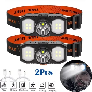 2XCOB Super Bright USB Rechargeable Headlamp LED Head Torch Headlight Waterproof Black