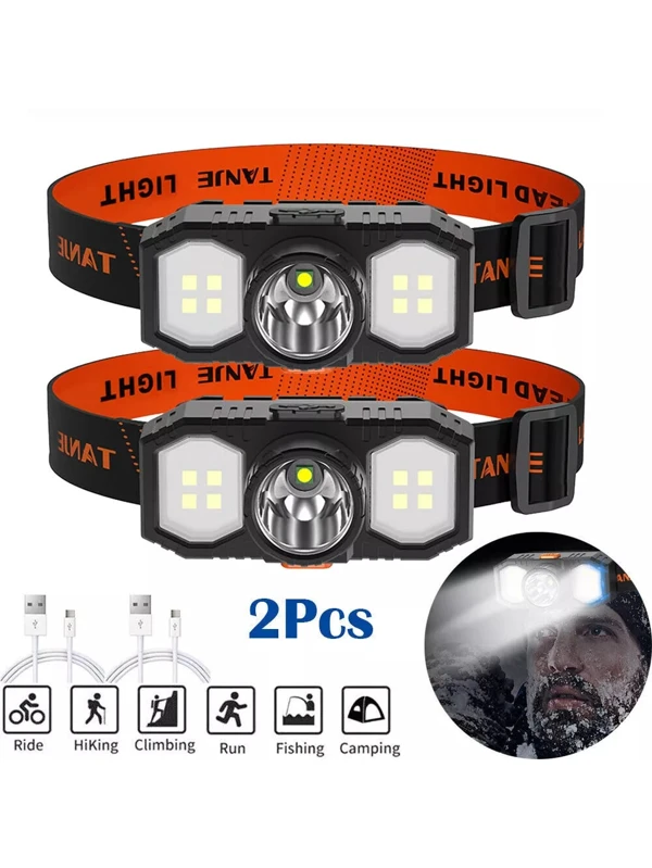 2XCOB Super Bright USB Rechargeable Headlamp LED Head Torch Headlight Waterproof Black